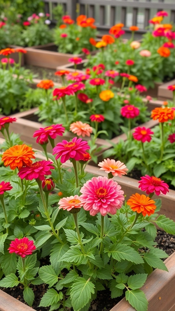 Colorful zinnias in raised garden beds with a variety of pink, orange, and yellow flowers.