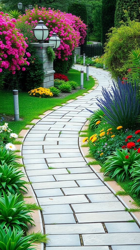 A curved stone pathway bordered by colorful flowers and greenery