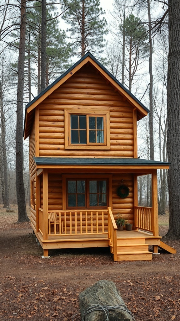A charming rustic two-story cabin made of wood, surrounded by trees.