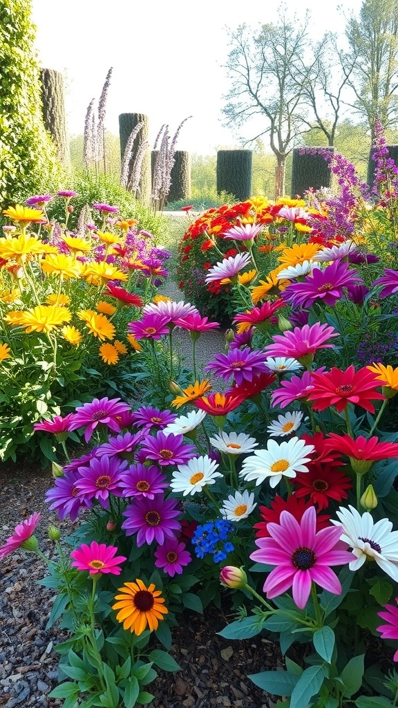 A colorful flower garden featuring daisies and other vibrant blooms.