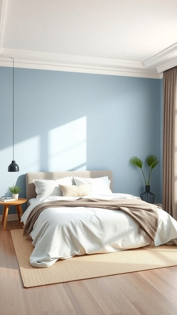 Cozy minimalist bedroom with a soft blue accent wall, light bedding, and a small side table with a vase.
