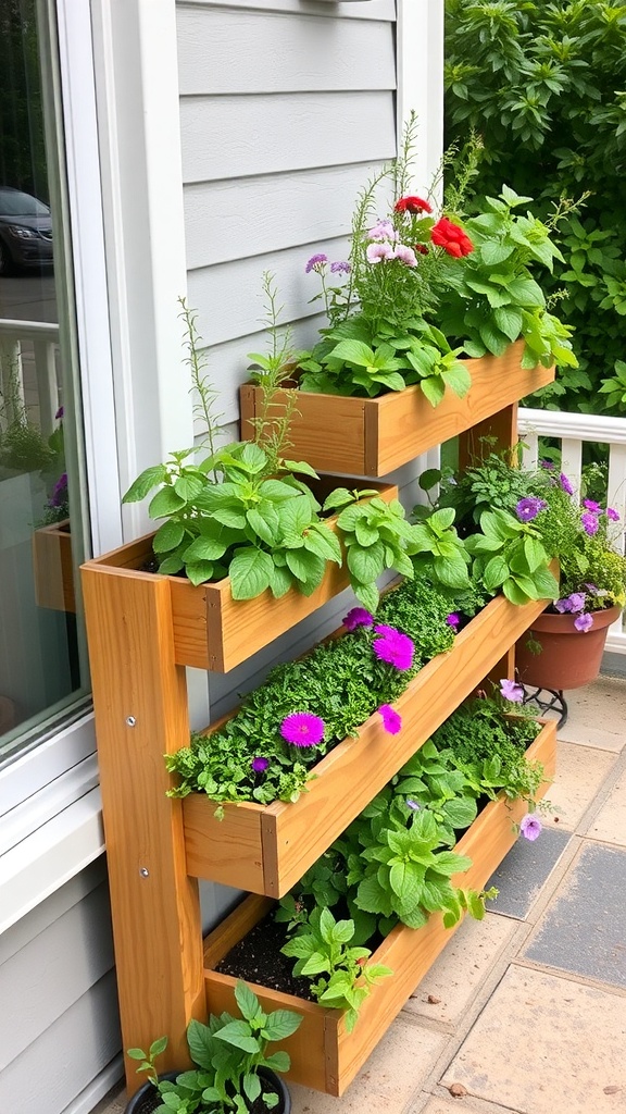Vertical garden made of wooden planter boxes filled with various plants and flowers.
