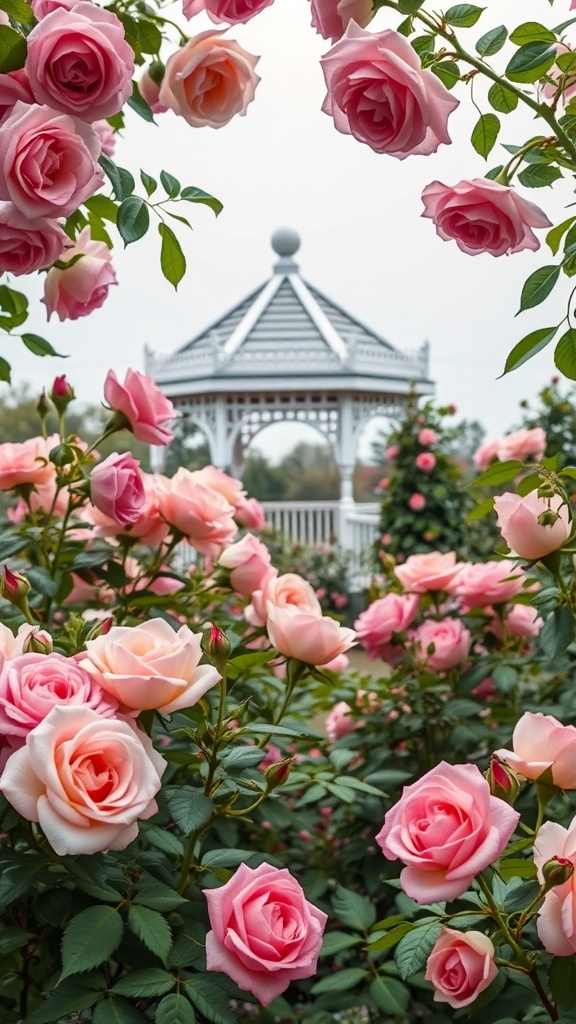 A romantic rose garden with pink roses in full bloom and a gazebo in the background.