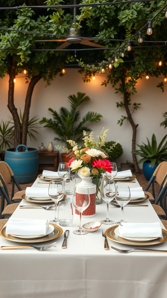 A beautifully arranged outdoor dining table with elegant dishware and flowers, surrounded by greenery.