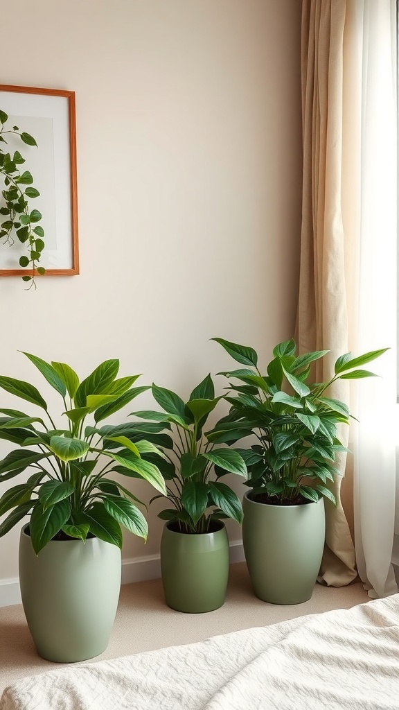 Three green plants in stylish pots in a sage green bedroom setting