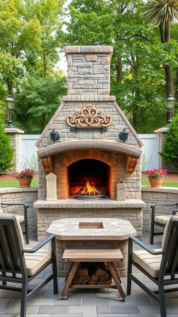 A beautiful outdoor fireplace made of stone with a cozy fire burning inside.
