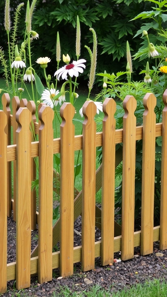 A charming wooden fence border with pointed tops, surrounded by colorful flowers and greenery.