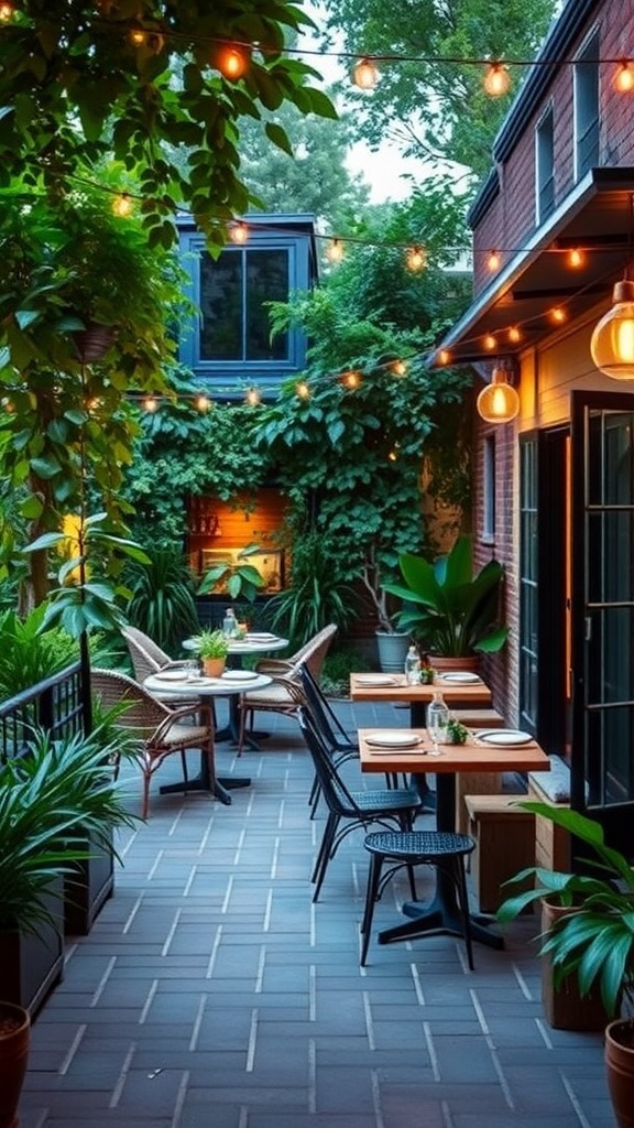 Cozy outdoor dining space with wooden furniture and greenery, illuminated by string lights.