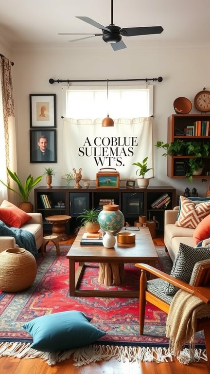 A cozy boho living room featuring a globe, patterned cushions, and natural elements.