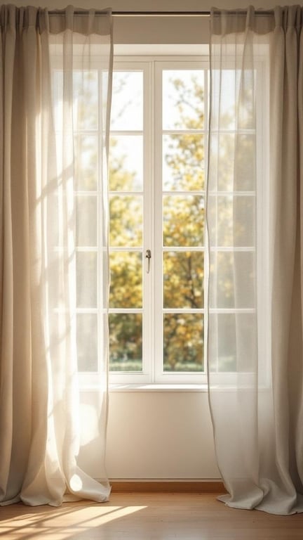Lightweight linen curtains hanging by a window, allowing natural light to enter a bright room.