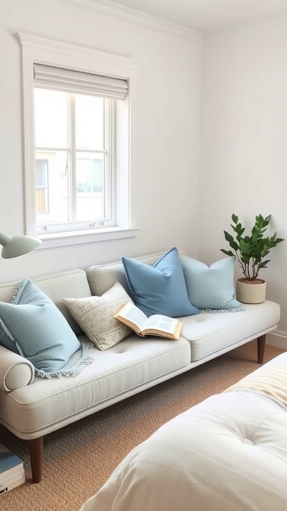 Neutral sofa with blue throw pillows and an open book on it