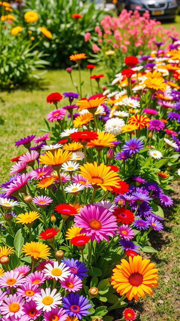 A vibrant flower bed with various colorful flowers including pink, red, yellow, and white blooms.