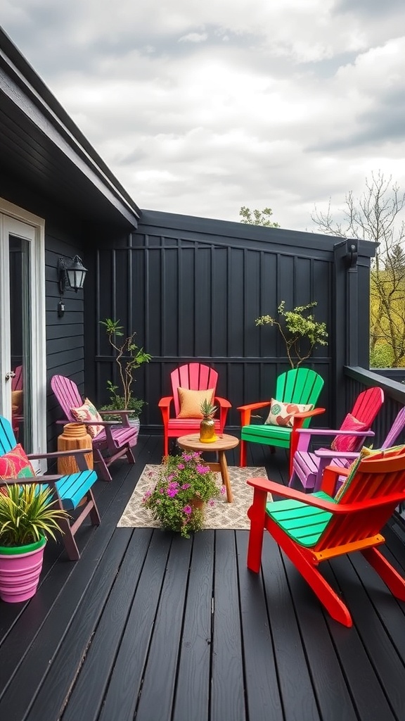 A vibrant outdoor space featuring a black deck with colorful chairs and plants.