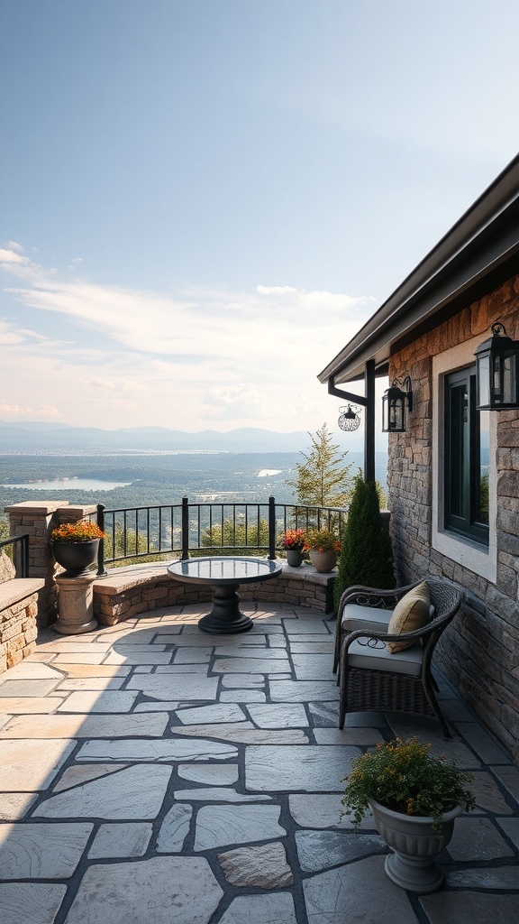A beautiful natural stone patio with a view, featuring a table and chairs surrounded by potted plants.