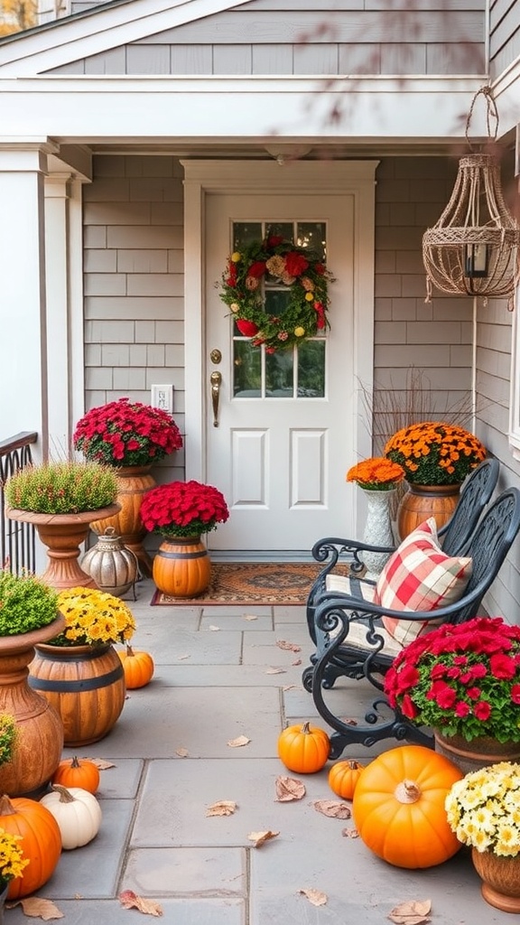 A beautifully decorated patio with pumpkins and flowers, showcasing seasonal decor.