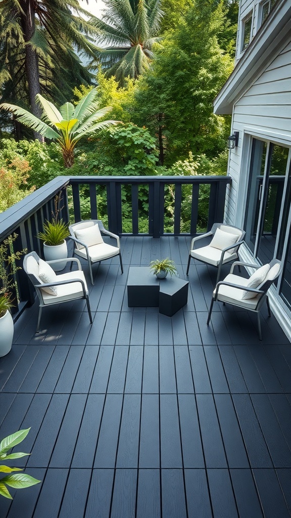 A modern black deck with geometric patterns, surrounded by lush greenery and featuring comfortable seating.
