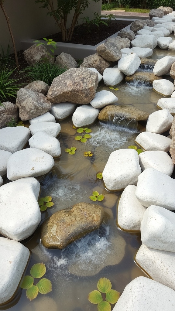 A serene garden water feature with white stones, a small waterfall, and lily pads.