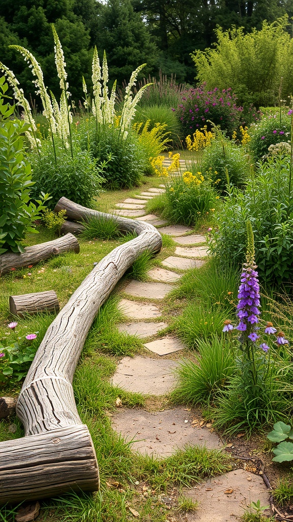 A rustic garden pathway lined with log edges and surrounded by colorful flowers and greenery.