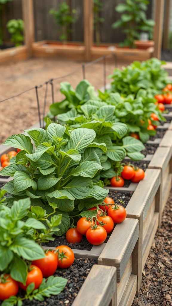 A raised bed vegetable garden with green plants and ripe tomatoes.