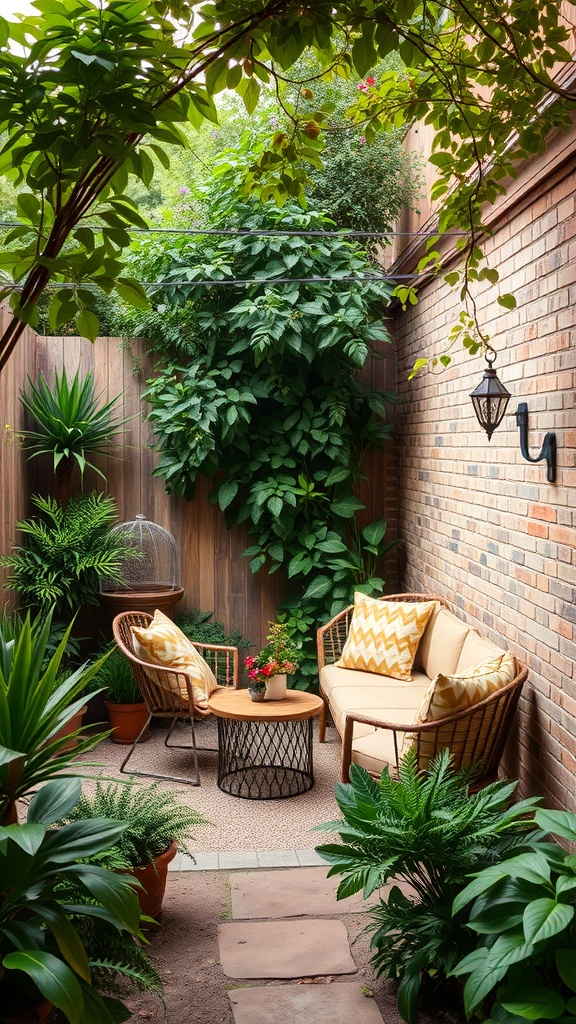 Cozy seating area in a small backyard garden surrounded by greenery