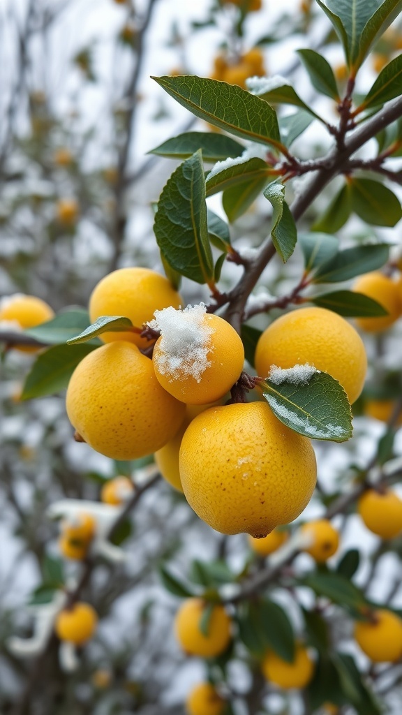 Close-up of yellow limequats on a branch, lightly dusted with snow.