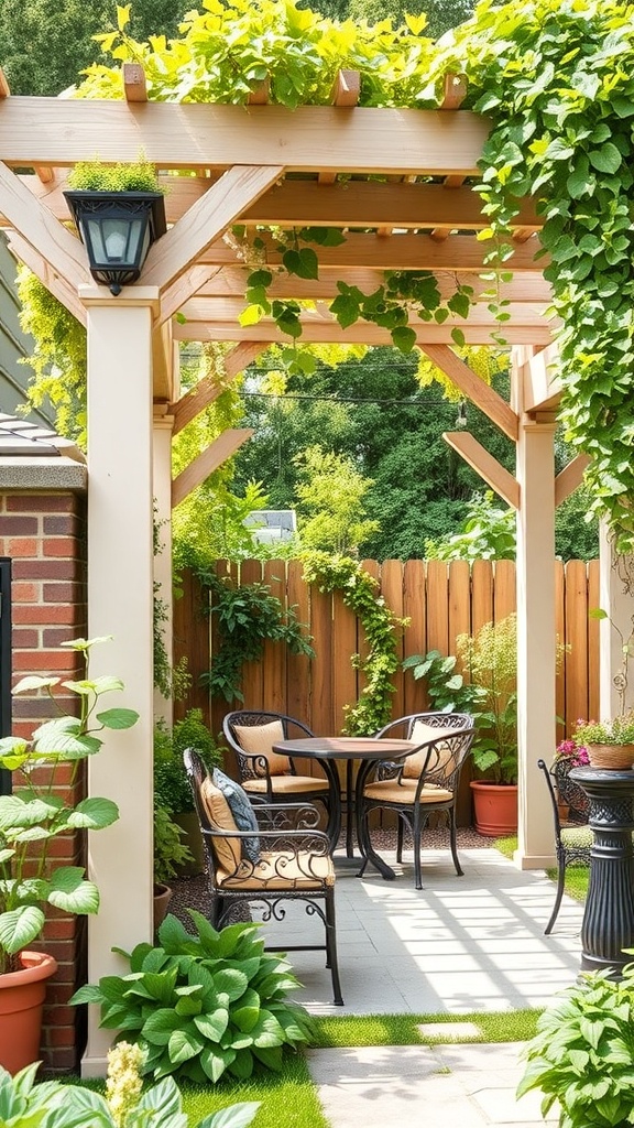 A charming pergola with greenery, featuring a round table and chairs in a backyard setting.