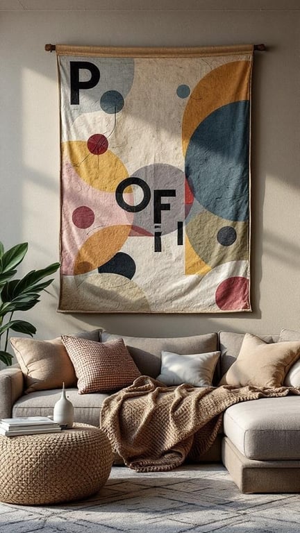 A colorful tapestry with geometric shapes hanging on a wall above a cozy sofa with pillows and a knitted pouf.