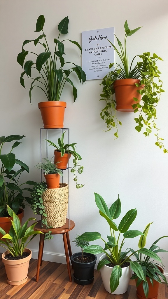 Indoor plants arranged in a creative stacked display with various pots and a wooden stand.