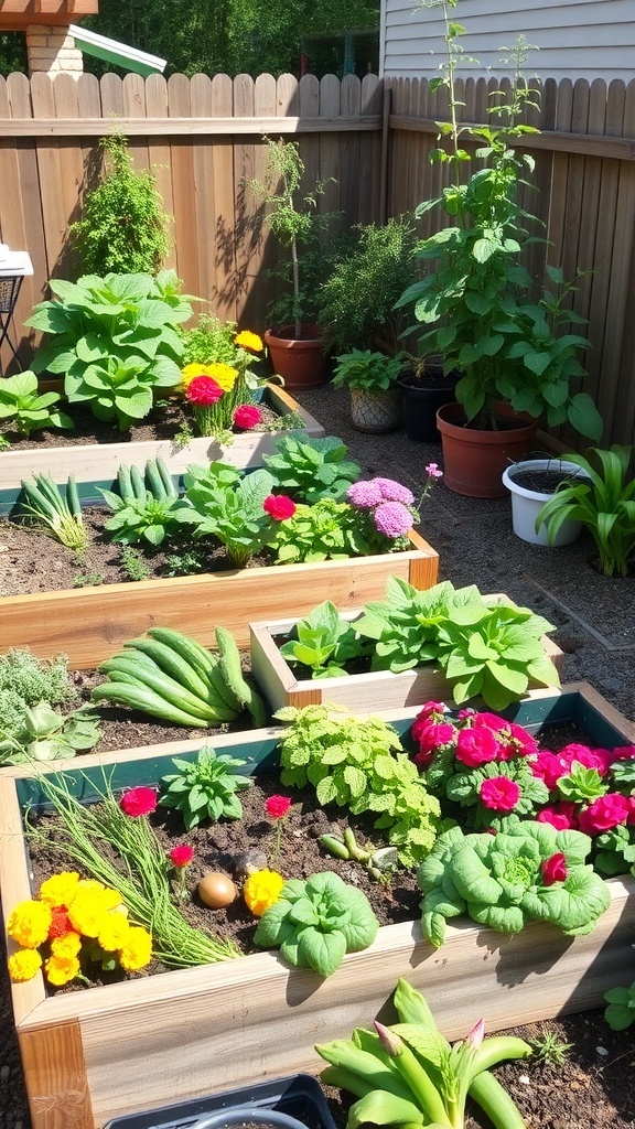 Colorful raised garden beds filled with various flowers and vegetables in a sunny backyard.