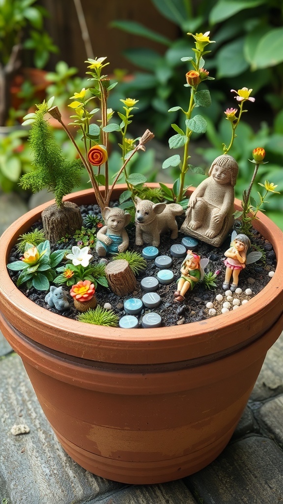 A charming fairy garden in a pot with figurines, flowers, and decorative stones.