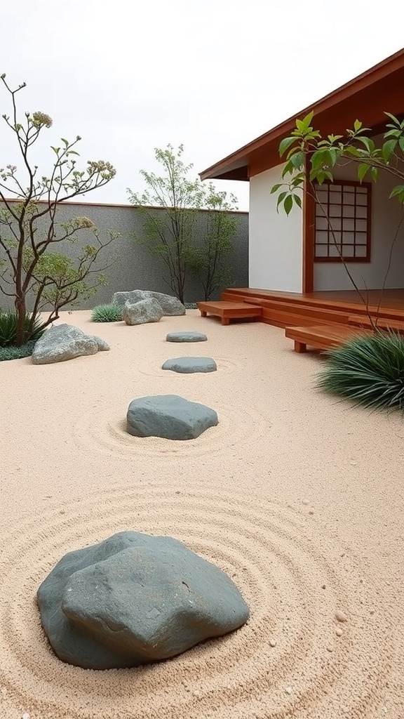 A tranquil Zen garden featuring sand, rocks, and minimal plants.