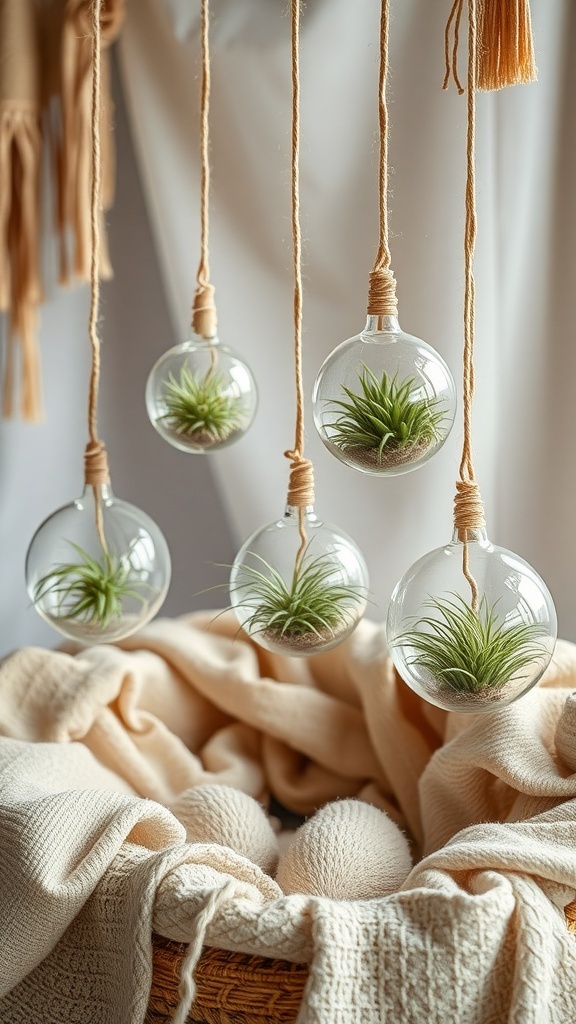 Hanging air plants in glass orbs with a soft blanket and dried foliage