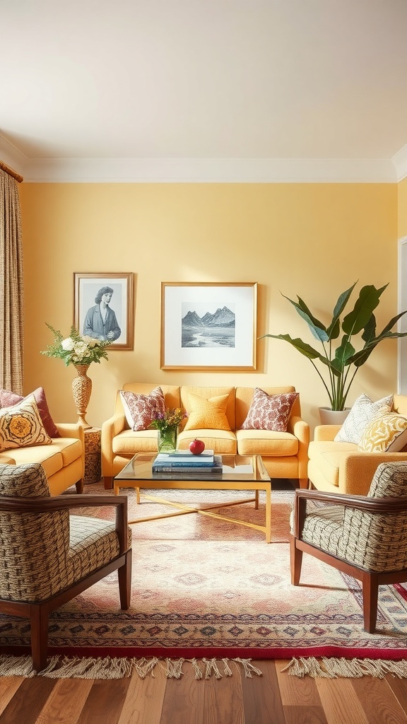 A bright pale yellow living room featuring a couch with patterned cushions, a floral rug, and a round coffee table.
