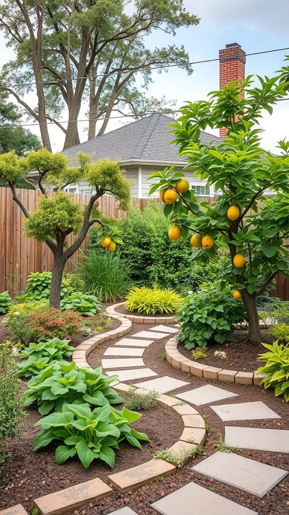 A small backyard garden with a winding path, lemon trees, and lush green plants.