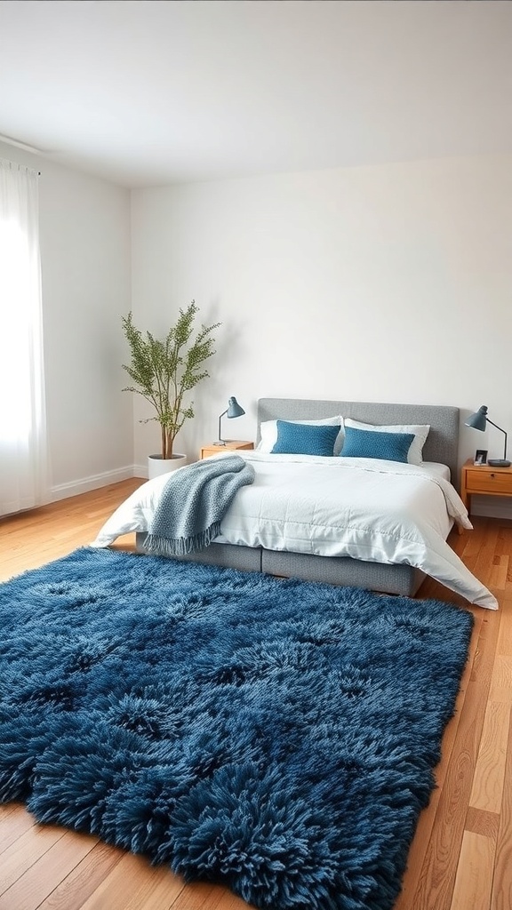 A cozy minimalist bedroom featuring a plush blue rug, a wooden bed frame, and simple nightstands.