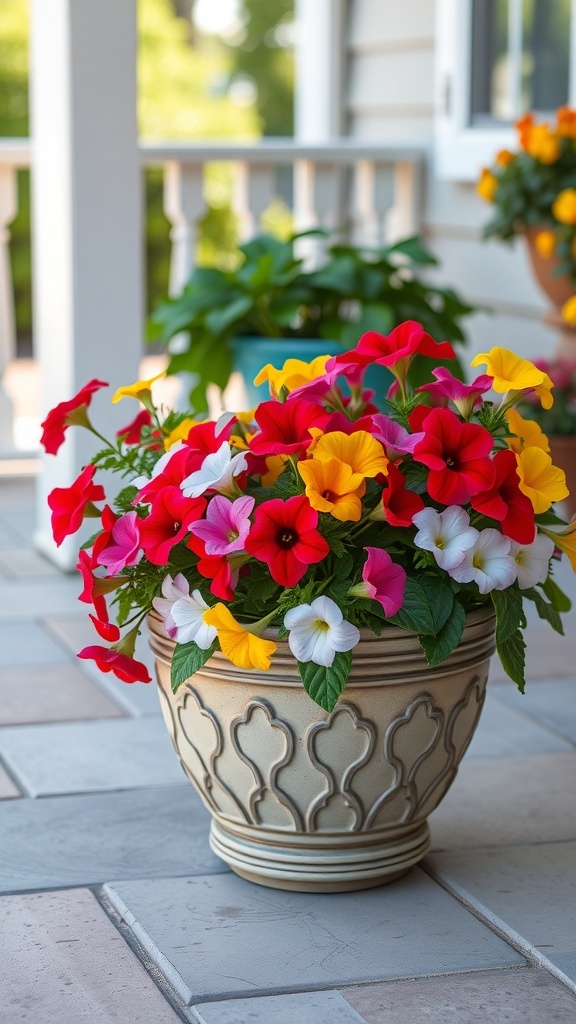 A pot filled with vibrant red, yellow, and white petunias on a patio.