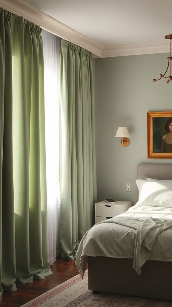 A cozy bedroom featuring sage green curtains that softly filter light, enhancing the decor.