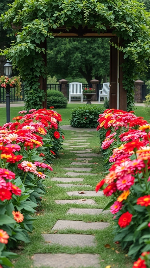 A garden pathway lined with colorful zinnias and stepping stones, leading to a seating area.