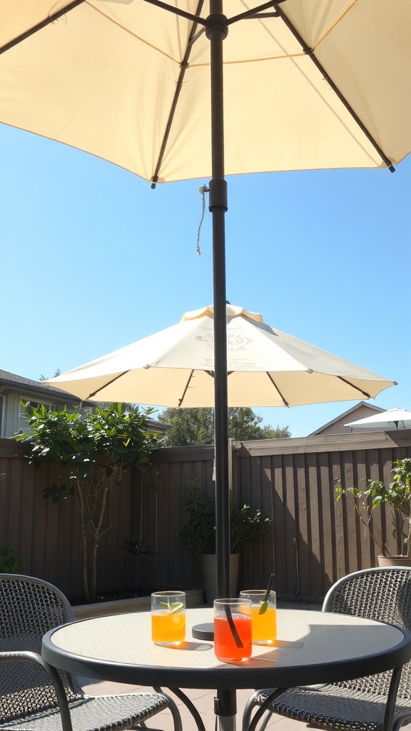 A patio with a large shade umbrella and colorful drinks on a table.