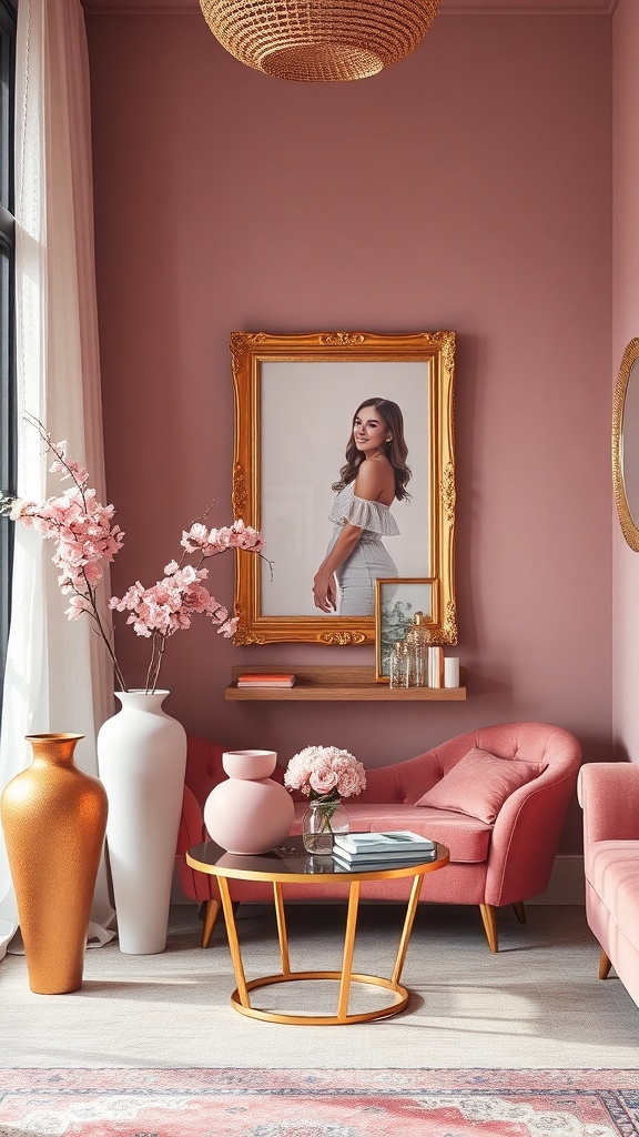 A small pink living room featuring pink vases, a branch, and gold decorative elements against a pink wall.