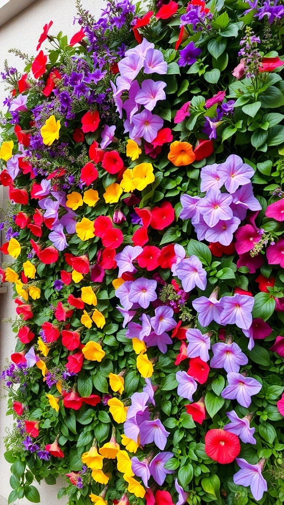 A colorful vertical garden with a variety of flowers including petunias and daisies arranged in a flowing pattern.