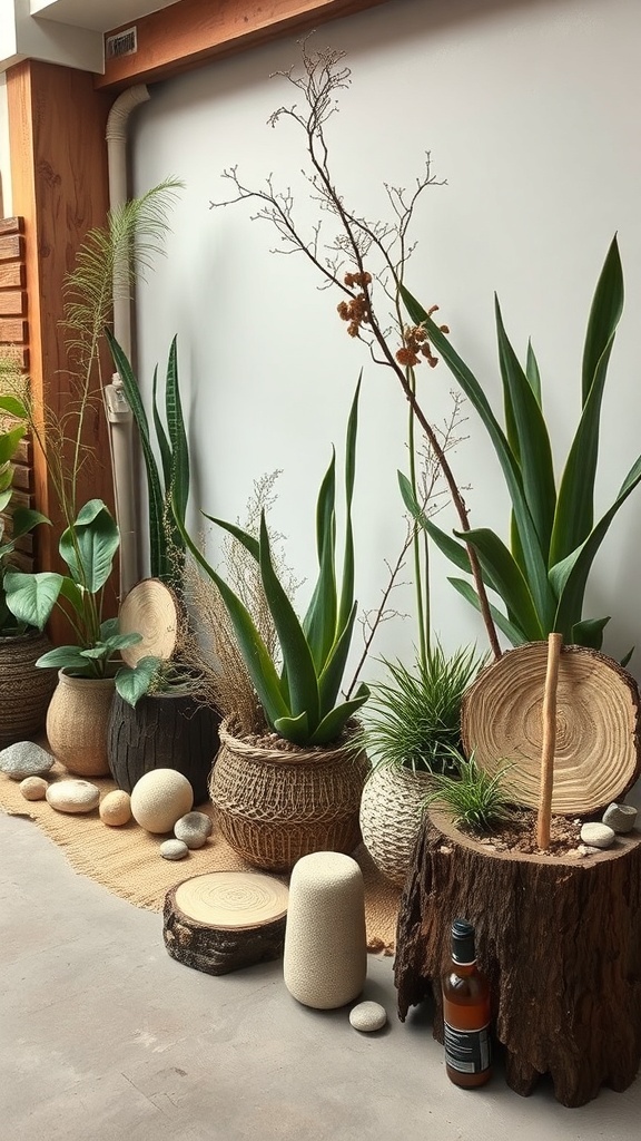 Indoor gardening setup with various plants in textured pots, wooden elements, and stones.