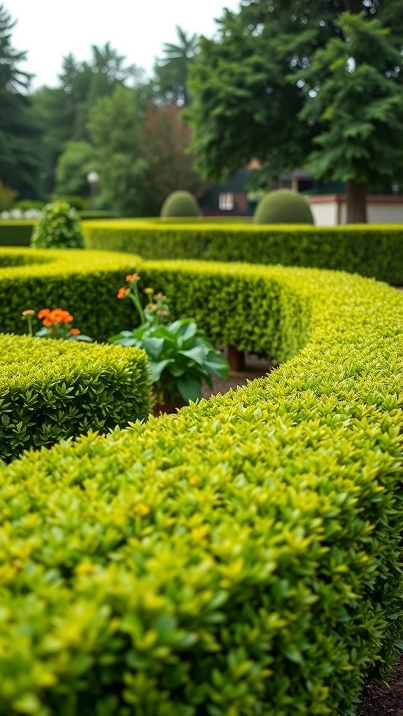 A manicured boxwood hedge forming curves in a garden