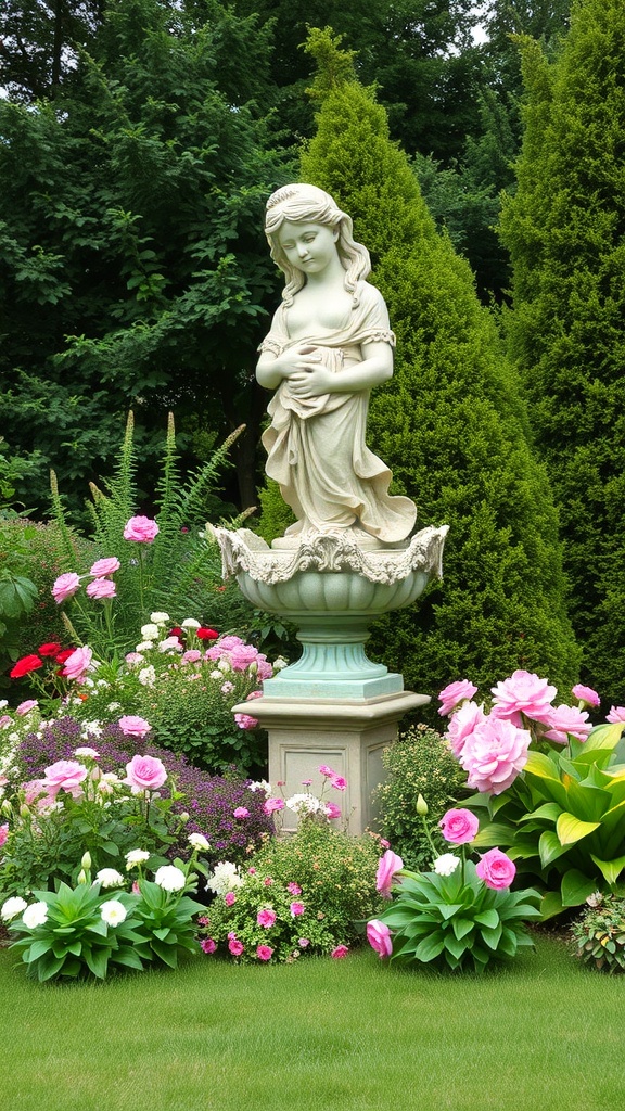 A garden sculpture of a young girl surrounded by colorful flowers and greenery.