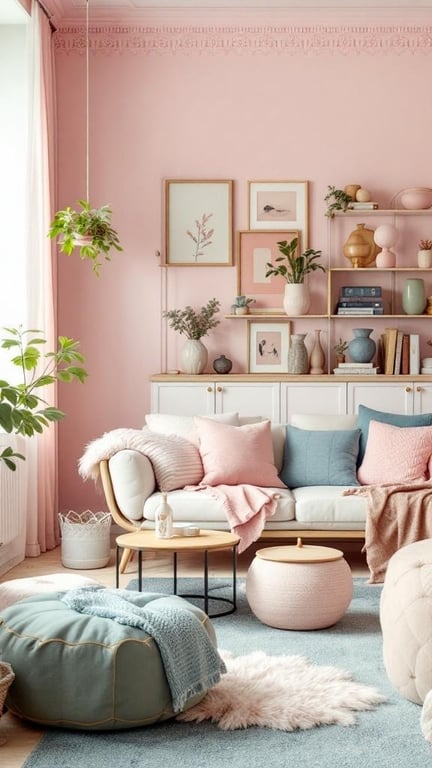 A pastel-themed living room with pink walls, a cozy couch, and decorative plants.