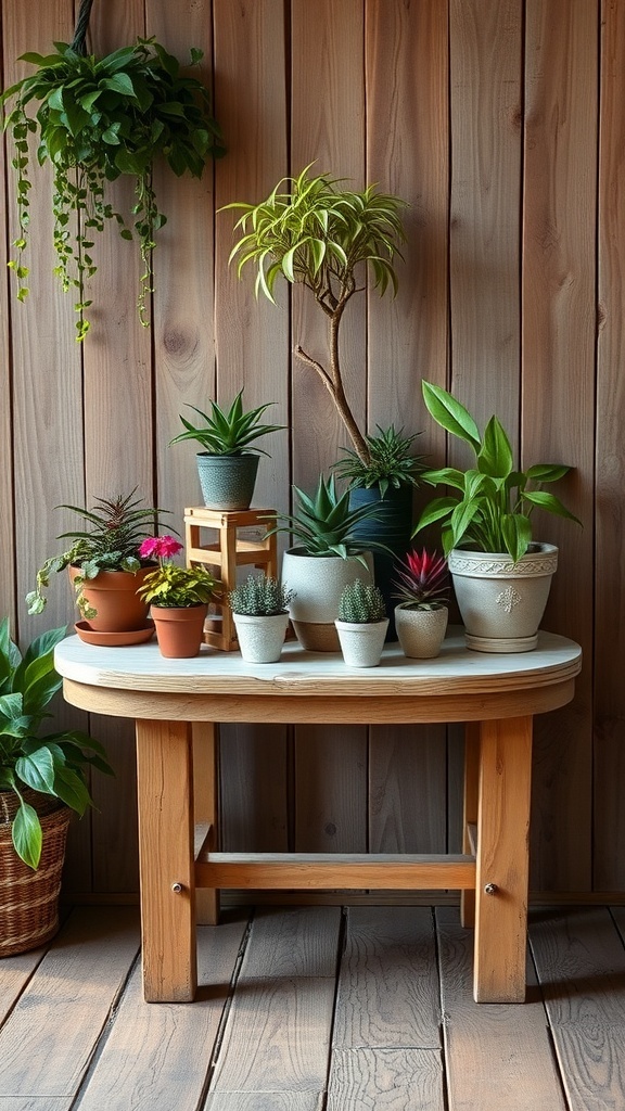 A wooden table displaying various potted plants, including succulents and leafy greens, against a wooden wall.