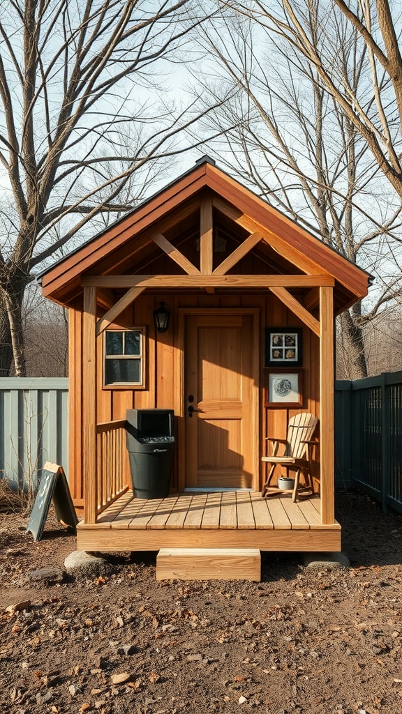 A charming wooden shed house with a porch and angled roof, surrounded by trees.