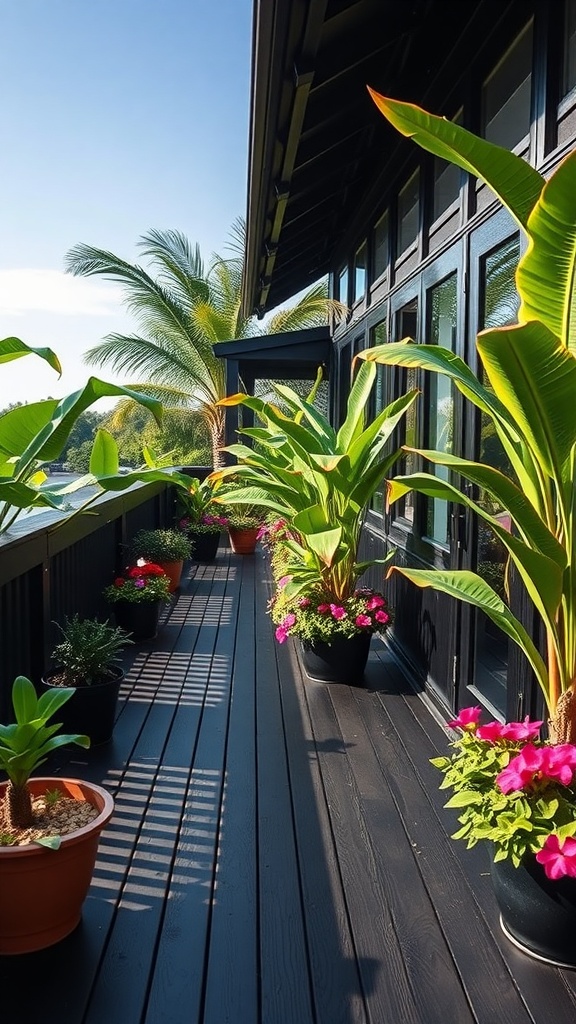 A black deck adorned with lush tropical plants and colorful flowers, creating a vibrant outdoor space.