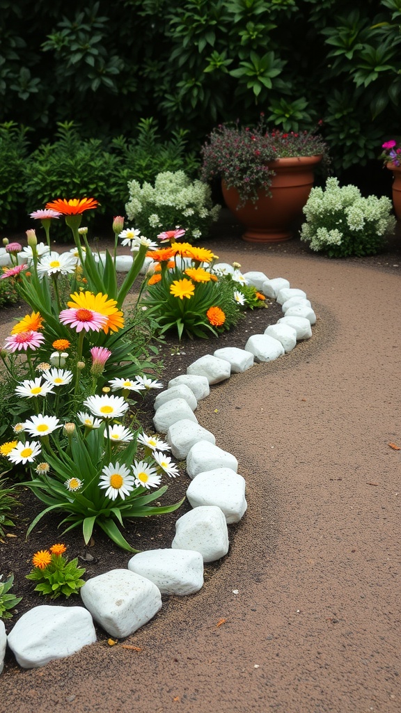 A flower bed bordered with white stones, featuring colorful flowers like daisies and gerbera daisies.