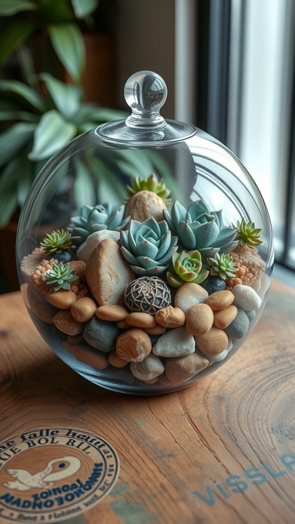 A glass terrarium filled with various succulents and decorative stones.